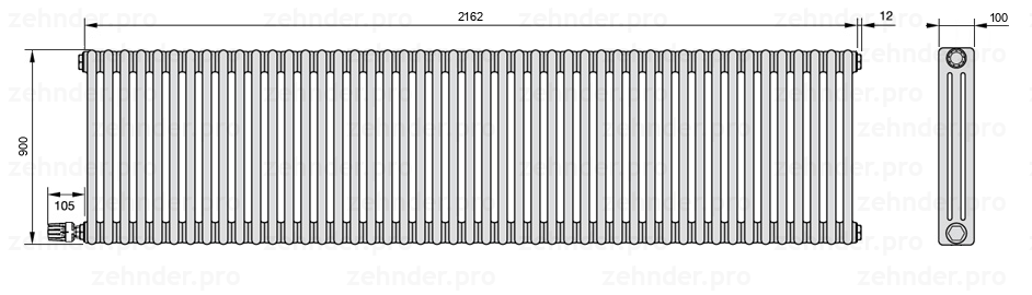Схема (чертеж) Радиатор Zehnder Charleston 3090/47 №V004 Белый глянцевый RAL 9016